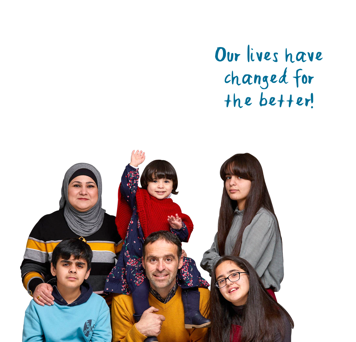 Family group with speech bubble 'Our lives have changed for the better!'